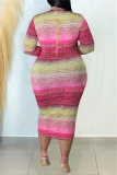 Pink Casual Print Patchwork Half A Turtleneck Long Sleeve Plus Size Dresses
