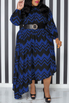 Blue Casual Print Patchwork With Belt O Neck Irregular Dress Plus Size Dresses