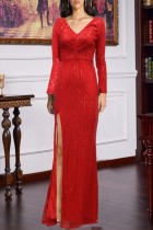 Red Sexy Formal Patchwork Sequins Slit V Neck Long Sleeve Dresses