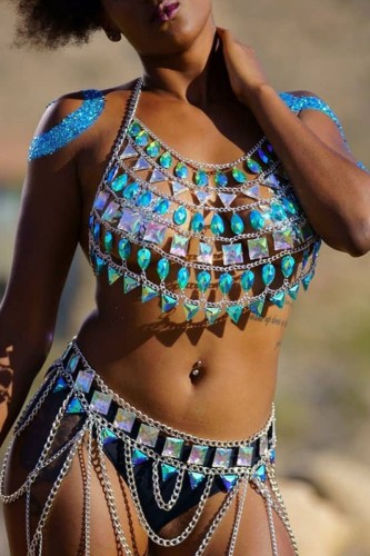 Silver Sexy Patchwork Tassel Chains Backless Accessories Two Piece Set