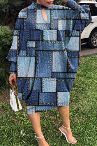 Blue Casual Print Hollowed Out Half A Turtleneck Long Sleeve Dresses