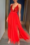 Red Sexy Formal Solid Sequins Patchwork Backless Slit Spaghetti Strap Evening Dress Dresses