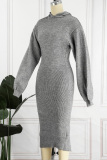 Grey Casual Solid Basic Hooded Collar Long Sleeve Dresses