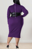 Purple Fashion Sexy Solid Patchwork O Neck One Step Skirt Plus Size Dresses