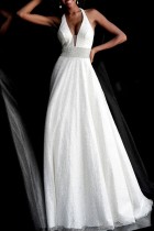 White Sexy Formal Solid Patchwork Backless Halter Sleeveless Dress Dresses