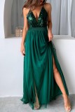 Green Sexy Formal Solid Sequins Patchwork Backless Slit Spaghetti Strap Evening Dress Dresses