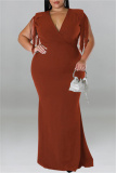 Caramel Colour Casual Plus Size Solid Tassel Patchwork V Neck Long Dress