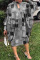 Grey Casual Print Hollowed Out Half A Turtleneck Long Sleeve Dresses