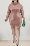 Green Fashion Sexy Solid Sequins Patchwork Feathers O Neck One Step Skirt Plus Size Dresses