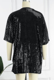 Black Casual Letter Sequins Patchwork O Neck A Line Dresses