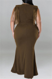 Caramel Colour Casual Plus Size Solid Tassel Patchwork V Neck Long Dress