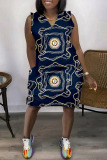 Tibetan Blue Casual Print Basic V Neck Sleeveless Dress Dresses