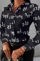 Black Casual Print Patchwork Shirt Collar Tops