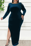 Burgundy Sexy Casual Solid Patchwork Metal Accessories Decoration Backless Slit O Neck Long Sleeve Plus Size Dresses