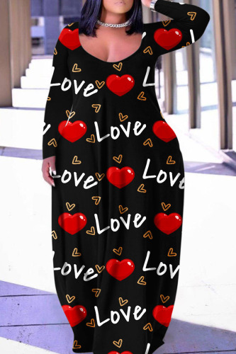 Black Red Casual Print Patchwork Basic V Neck Long Sleeve Plus Size Dresses