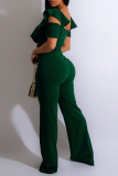 Green Casual Solid Patchwork Off the Shoulder Boot Cut Jumpsuits