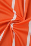 Orange Casual Striped Print Basic Turndown Collar Long Sleeve Two Pieces