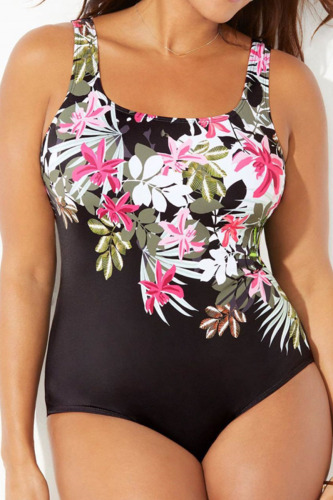 Black Sexy Print Patchwork U Neck Plus Size Swimwear