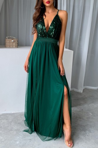 Green Sexy Formal Solid Sequins Patchwork Backless Slit Spaghetti Strap Evening Dress Dresses