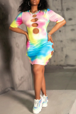 Multicolor Sexy Patchwork Hollowed Out Tie-dye O Neck Pencil Skirt Dresses
