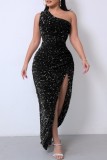 Black Sexy Formal Solid Sequins Patchwork Backless Slit One Shoulder Evening Dress Dresses