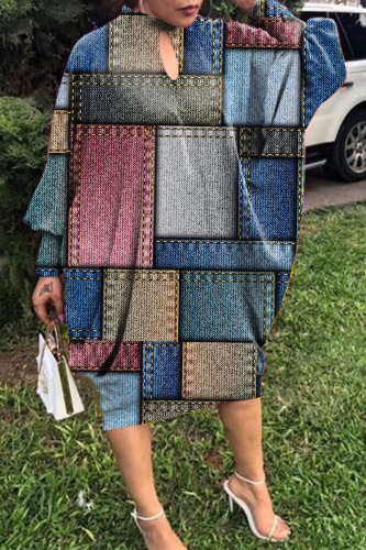 Blue Red Casual Print Hollowed Out Half A Turtleneck Long Sleeve Dresses