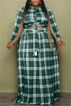 Ink Green Fashion Casual Plaid Print Patchwork O Neck Plus Size Two Pieces