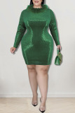 Green Fashion Sexy Solid Sequins Patchwork Feathers O Neck One Step Skirt Plus Size Dresses