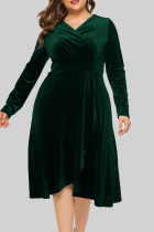 Ink Green Casual Solid Patchwork V Neck Long Sleeve Plus Size Dresses