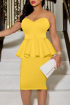 Yellow Casual Elegant Solid Patchwork Flounce Strapless One Step Skirt Dresses