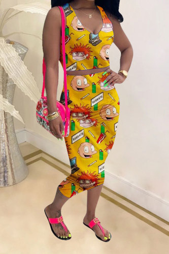 Yellow Fashion Casual adult Patchwork Print Character Two Piece Suits pencil Sleeveless Two Pieces