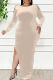 Blue Sexy Casual Solid Patchwork Metal Accessories Decoration Backless Slit O Neck Long Sleeve Plus Size Dresses