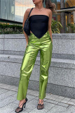 Green Casual Solid Patchwork Regular High Waist Conventional Solid Color Bottoms