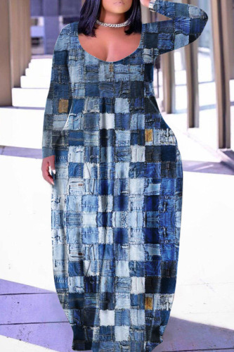 Blue Casual Print Patchwork Basic V Neck Long Sleeve Plus Size Dresses