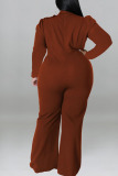 Brown Casual Solid Patchwork With Bow O Neck Plus Size Jumpsuits