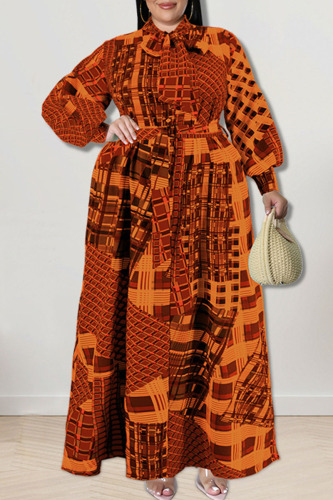 Gold Fashion Casual Print Patchwork Buckle With Bow Shirt Dress Plus Size Dresses