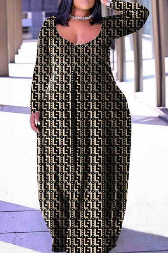 Black Apricot Casual Print Patchwork Basic V Neck Long Sleeve Plus Size Dresses