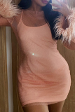 Pink Sexy Patchwork Solid See-through Feathers O Neck Pencil Skirt Dresses