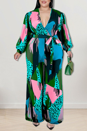 Green Casual Print Patchwork V Neck Plus Size Jumpsuits