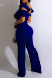 Blue Casual Solid Patchwork Off the Shoulder Boot Cut Jumpsuits