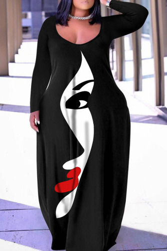 Black Casual Print Patchwork Basic V Neck Long Sleeve Plus Size Dresses