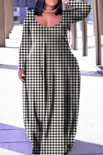 Black White Casual Print Patchwork Basic V Neck Long Sleeve Plus Size Dresses