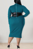 Blue Fashion Sexy Solid Patchwork O Neck One Step Skirt Plus Size Dresses