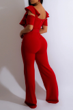 Red Casual Solid Patchwork Off the Shoulder Boot Cut Jumpsuits