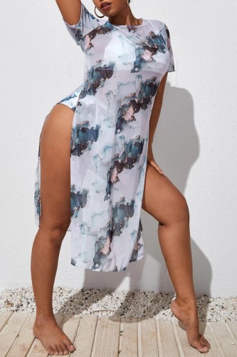 Light Gray Sexy Print See-through Slit O Neck Plus Size Beach Sun Protection Clothing
