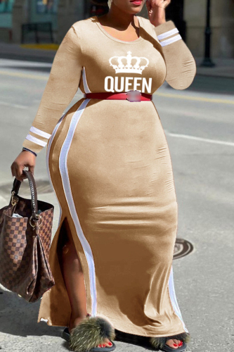 Apricot Fashion Casual Letter Print Patchwork O Neck Plus Size Dresses (Without Belt)