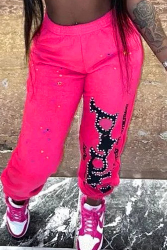 Rose Red Casual Letter Print Patchwork Regular High Waist Conventional Positioning Print Trousers