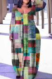 Multicolor Casual Print Patchwork Basic V Neck Long Sleeve Plus Size Dresses