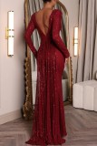 Burgundy Sexy Formal Solid Sequins Patchwork Backless O Neck Evening Dress Dresses