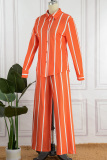 Orange Casual Striped Print Basic Turndown Collar Long Sleeve Two Pieces